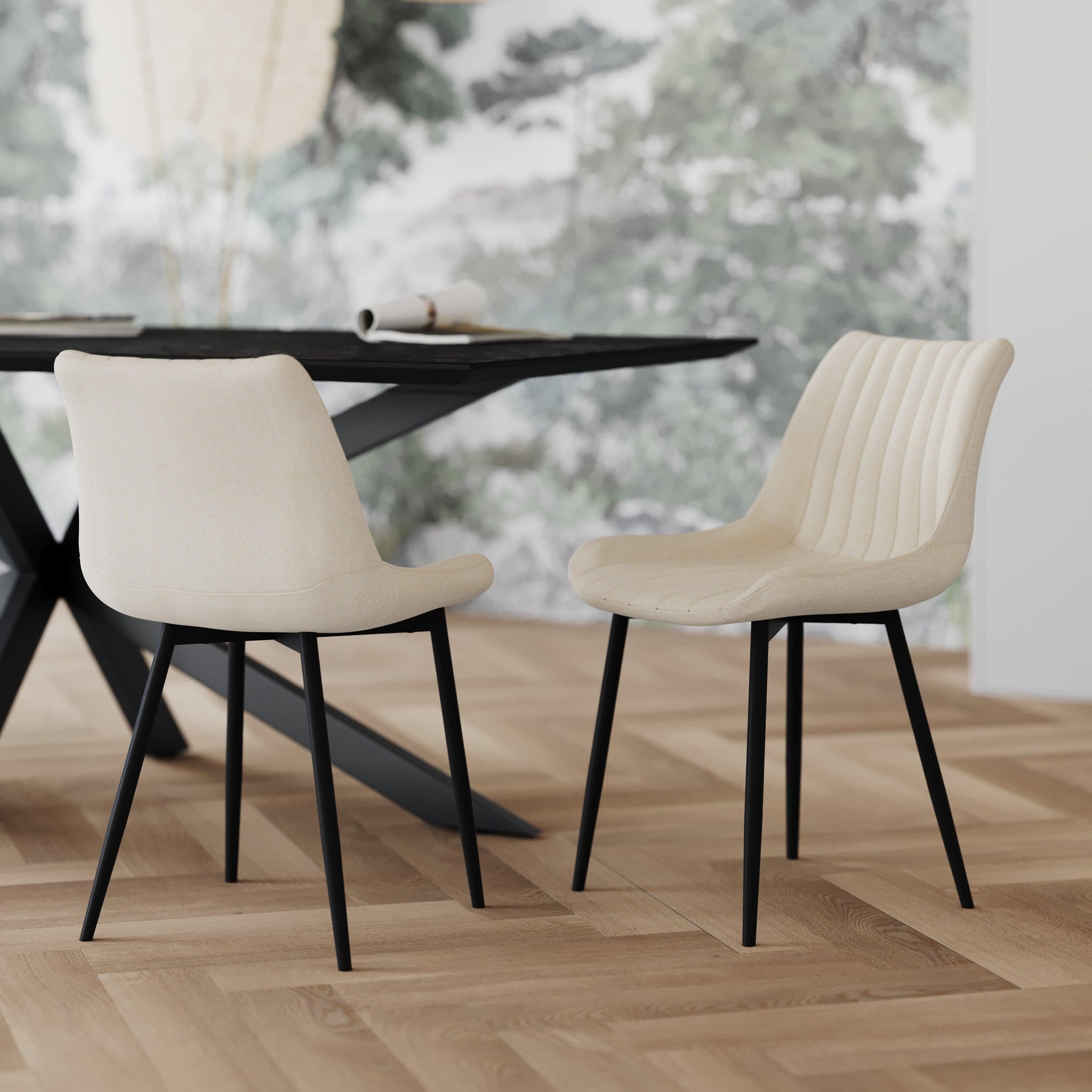Voir la diapositive 2 : MAISON PAVANE Lot de 2 chaises en tissu beige et métal noir-killi