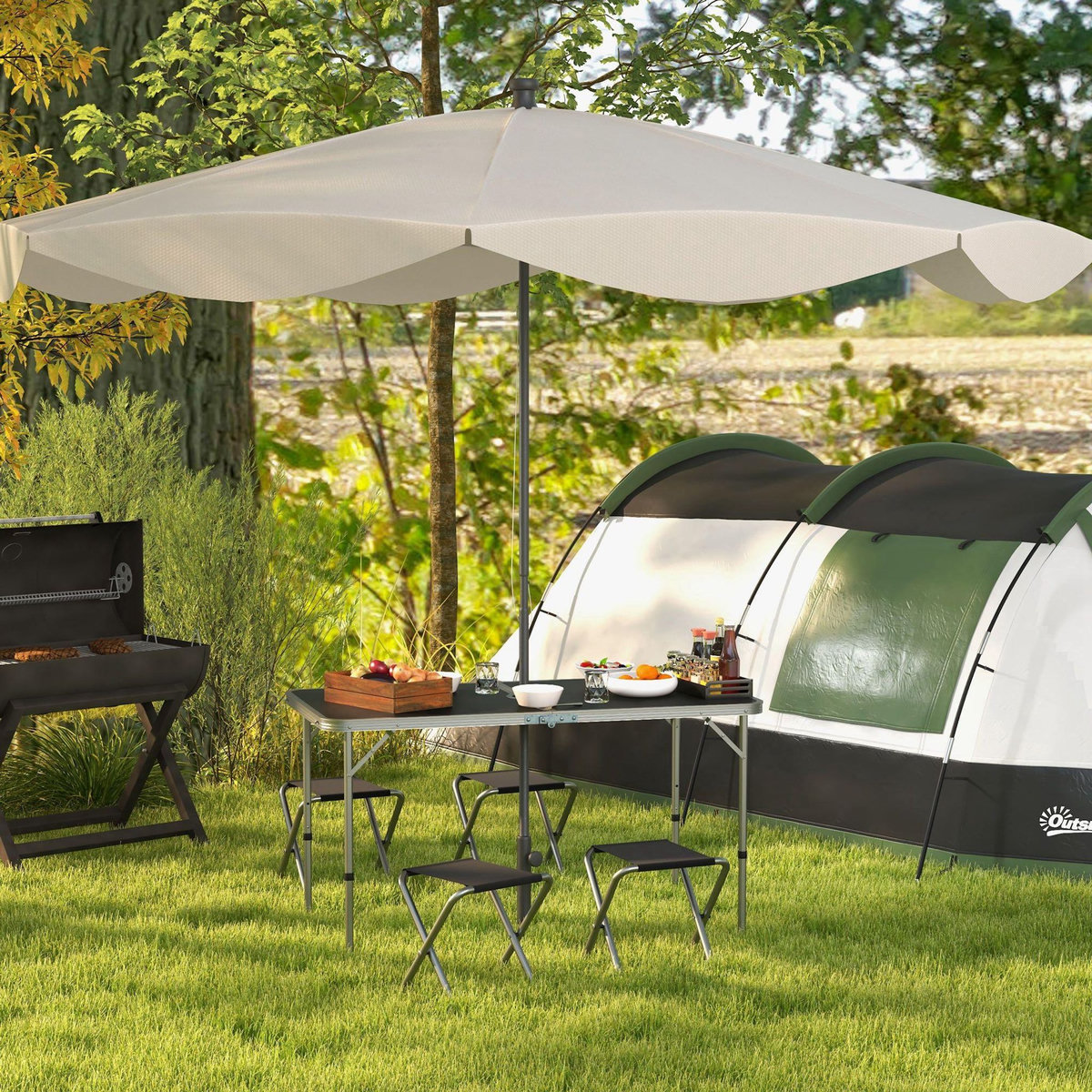 OUTSUNNY Ensemble table et chaises pliantes de camping - Hauteur table réglable, Trou de parasol - Gris foncé