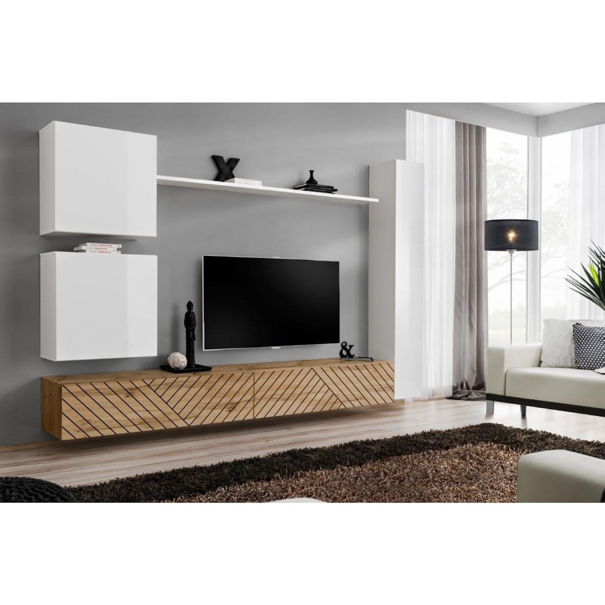 Paris Prix Ensemble Meuble TV  Switch Lamel VIII  280cm Naturel & Blanc