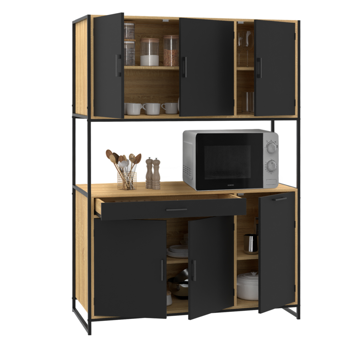ID MARKET Buffet de cuisine 120 CM BOSTON meuble 6 portes design industriel + tiroir
