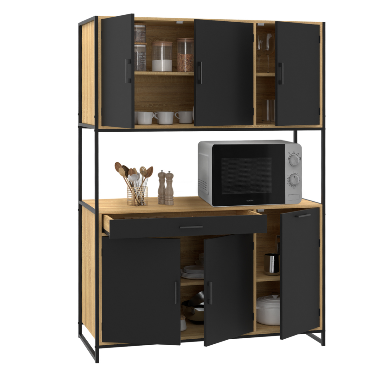 ID MARKET Buffet de cuisine 120 CM BOSTON meuble 6 portes design industriel + tiroir