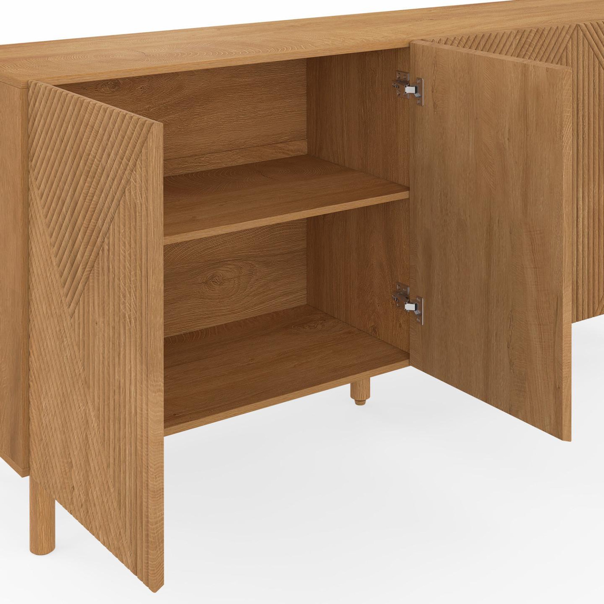 Voir la diapositive 6 : ID MARKET Buffet 160 cm himara 4 portes lattes géométriques bois clair