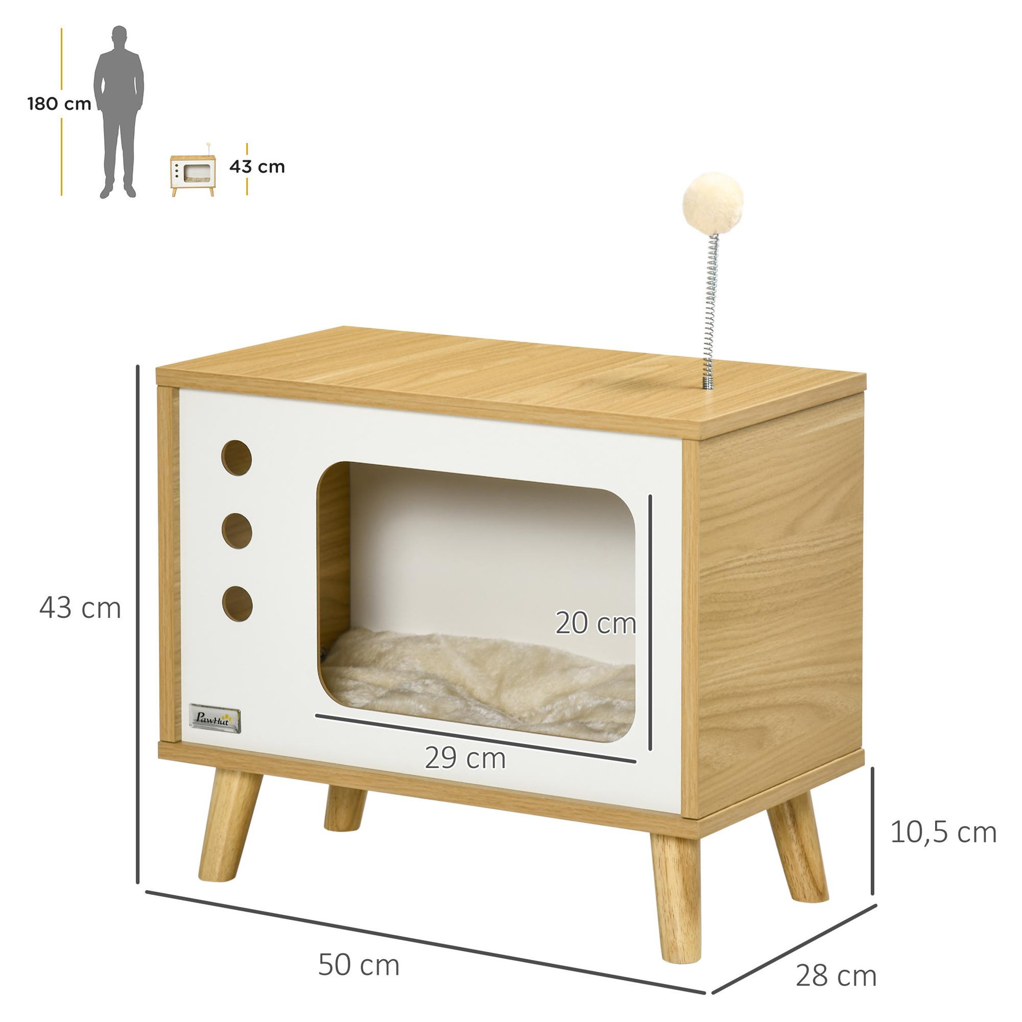 Voir la diapositive 3 : PAWHUT Maison pour chat design poste de télévision - niche chat panier chat - 2 coussins amovibles, boule à ressort - panneaux aspect bois clair blanc
