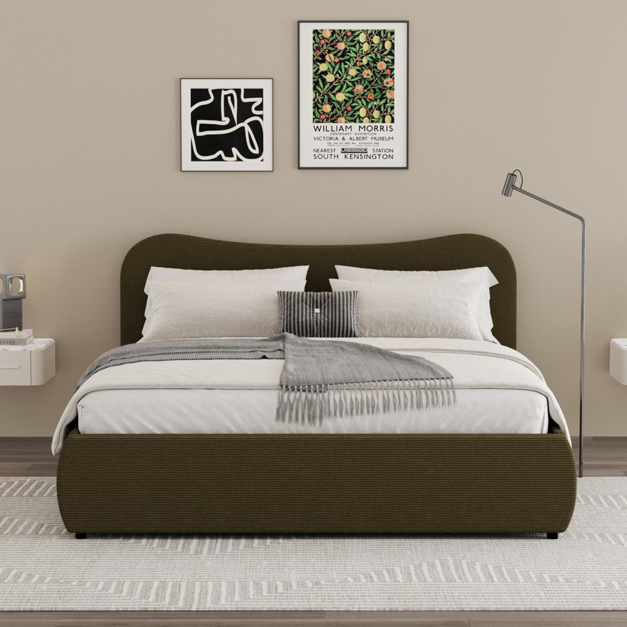 Voir la diapositive 3 : CONCEPT USINE Lit coffre 140x190cm design arrondi velours côtelé vert plano