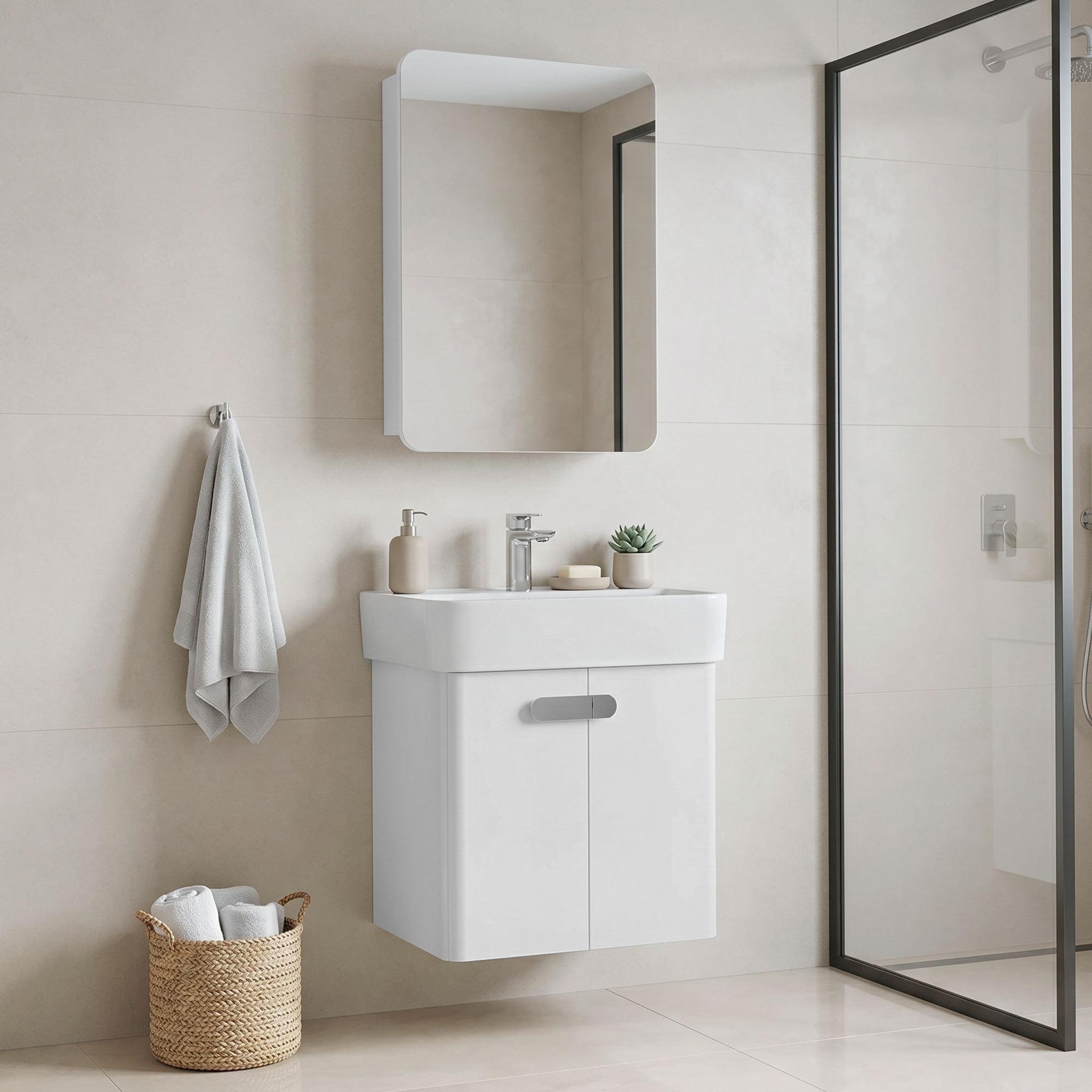 Voir la diapositive 2 : Habitat et Jardin Meuble avec simple vasque et miroir  Orbit 55  - 55 x 38 x 62 cm - White