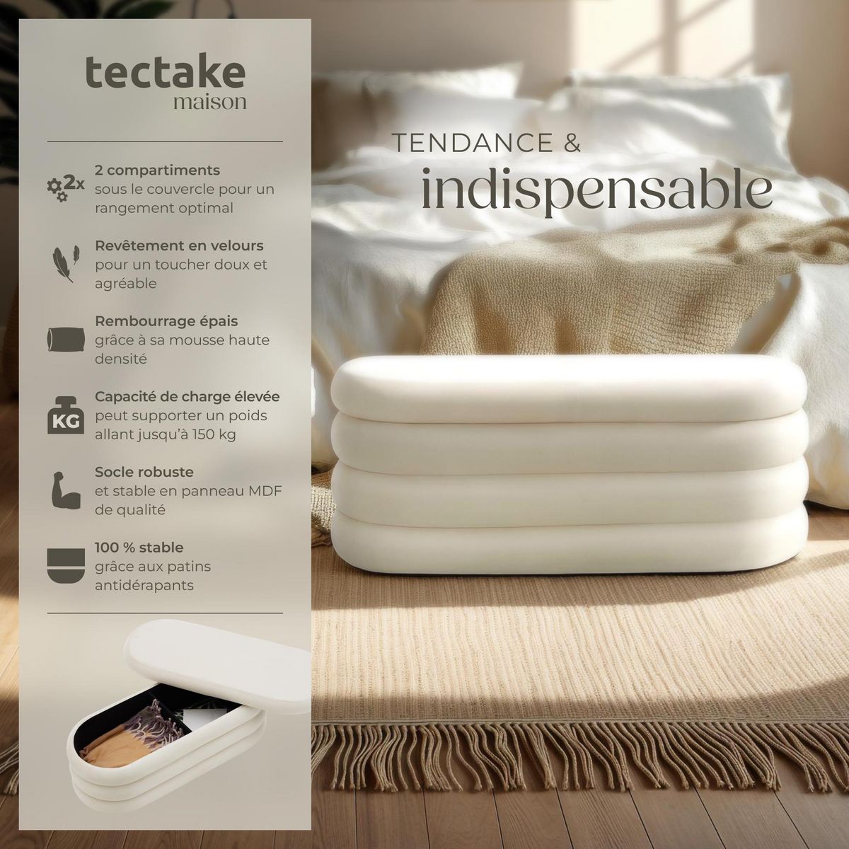 tectake Banc rembourré 2 grands compartiments de rangement Aspect velours crème/ blanc