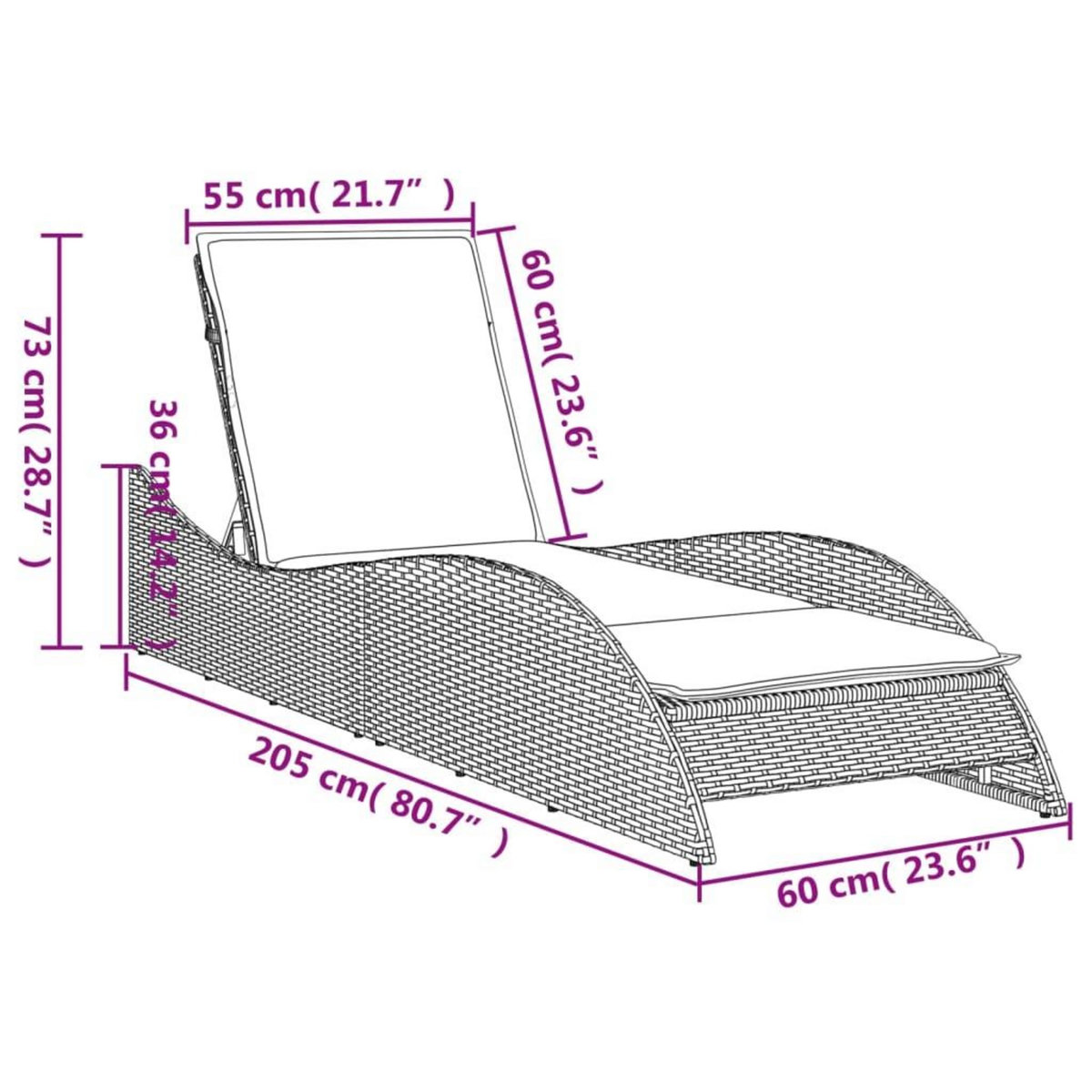 VIDAXL Chaise longue avec coussin beige 60x205x73 cm resine tressee