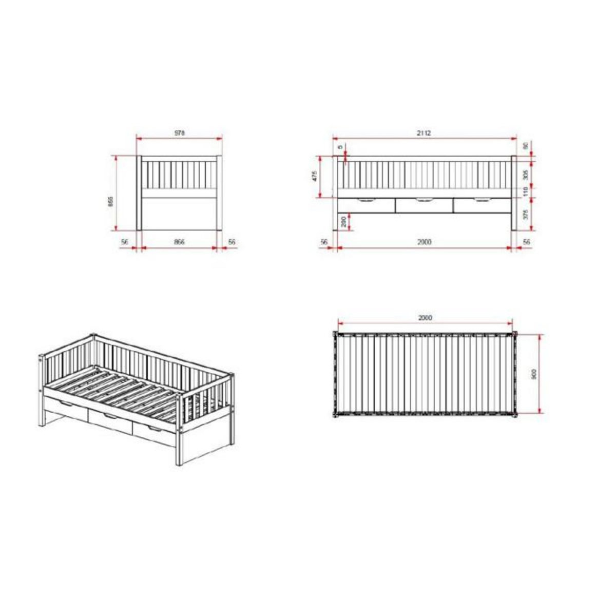 Paris Prix Lit Capitaine Enfant & 3 Tiroirs  Fritz  90x200cm Naturel