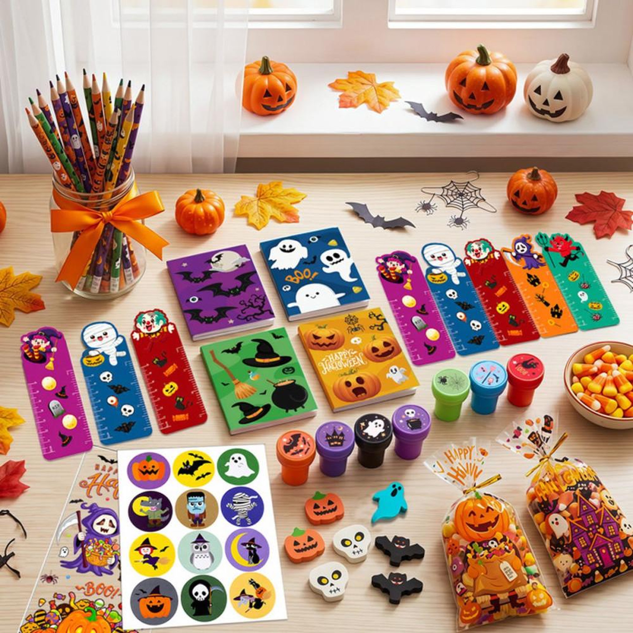 Voir la diapositive 3 : Kit de remplissage pour piñata Halloween 84 pièces : stickers, badges, sacs à bonbons et accessoires
