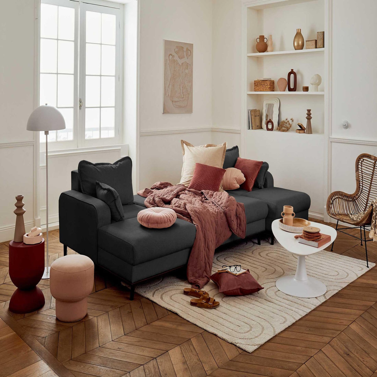 LISA DESIGN Albane - canapé panoramique en u - 7 places - convertible avec coffre - en velours côtelé