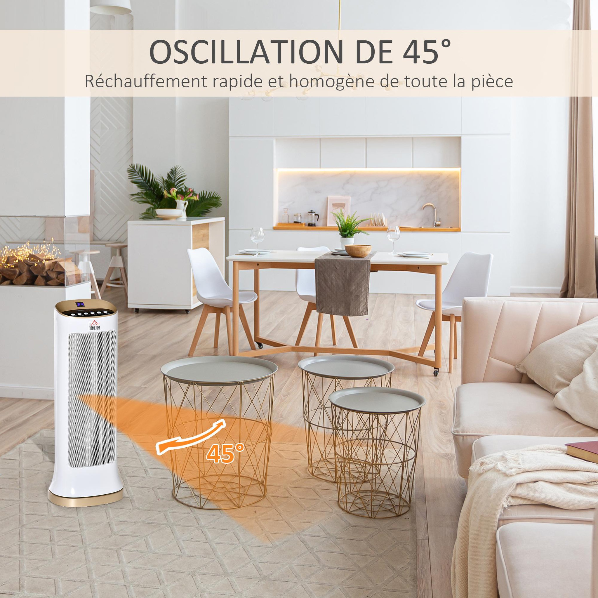 Voir la diapositive 4 : HOMCOM Chauffage soufflant oscillant 2000 W - radiateur céramique PTC - 3 niveaux de puissance - chauffage d'appoint avec télécommande blanc doré