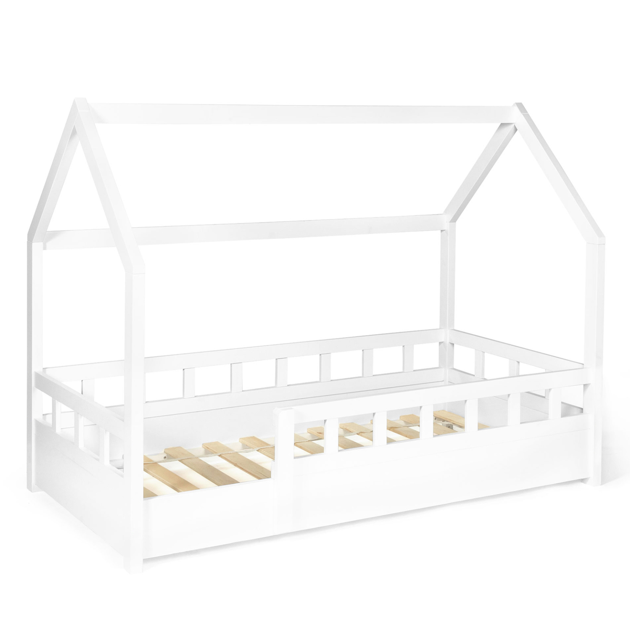ID MARKET Lit cabane enfant 80 x 160 cm neree blanc avec sommier et barrières