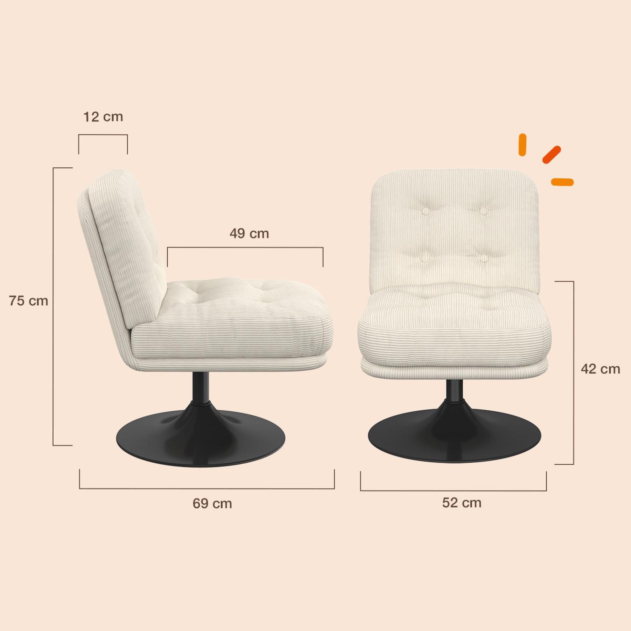 Voir la diapositive 5 : ID MARKET Fauteuil pivotant ALFRED en velours côtelé beige pied tulipe métal noir
