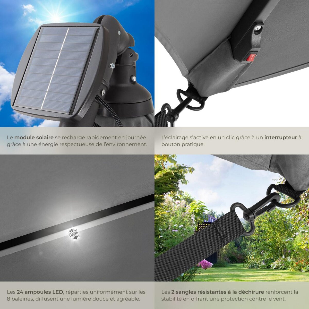 tectake Parasol 250 x 250 cm avec éclairage LED solaire gris clair