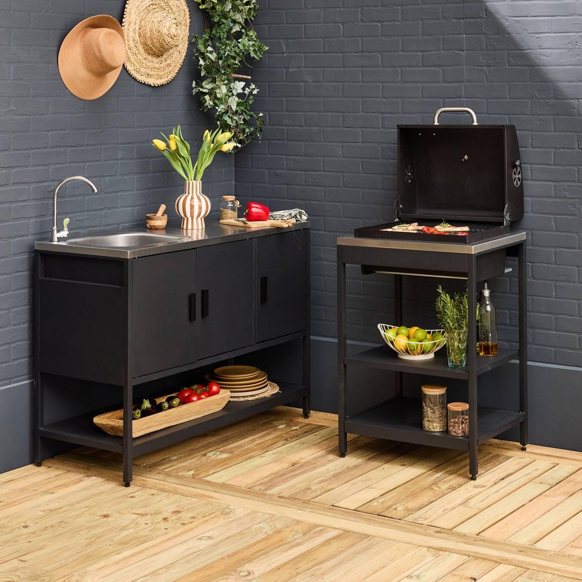 SWEEEK Cuisine extérieure Naxos 2 modules acier inoxydable barbecue au charbon avec évier