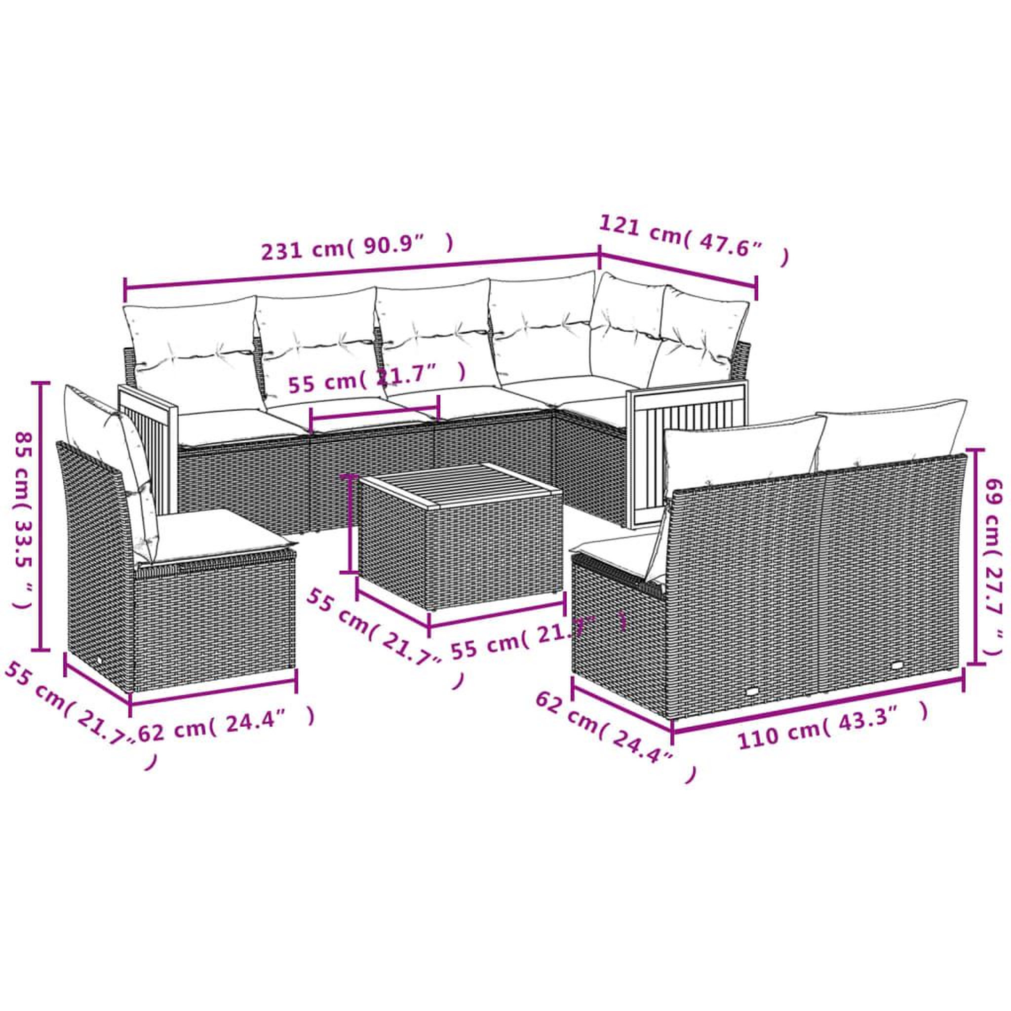 Voir la diapositive 3 : VIDAXL Salon de jardin avec coussins 9 pcs beige resine tressee