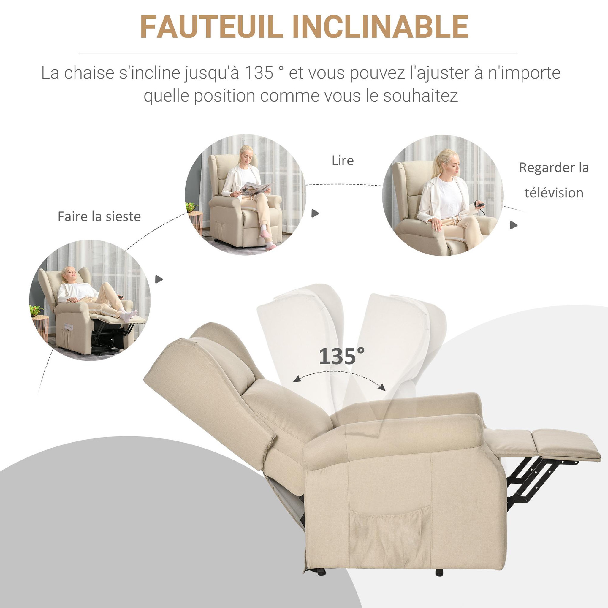 Voir la diapositive 5 : HOMCOM Fauteuil de relaxation électrique fauteuil releveur inclinable avec repose-pied ajustable lin beige
