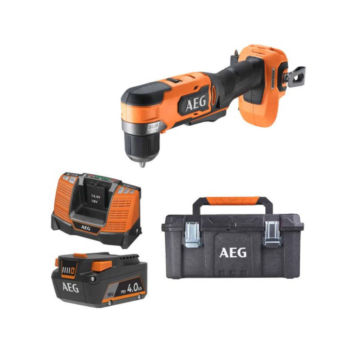 AEG Pack AEG 18V - Perceuse-visseuse d'angle Brushless Subcompact - Batterie 4.0 Ah - Chargeur - Caisse