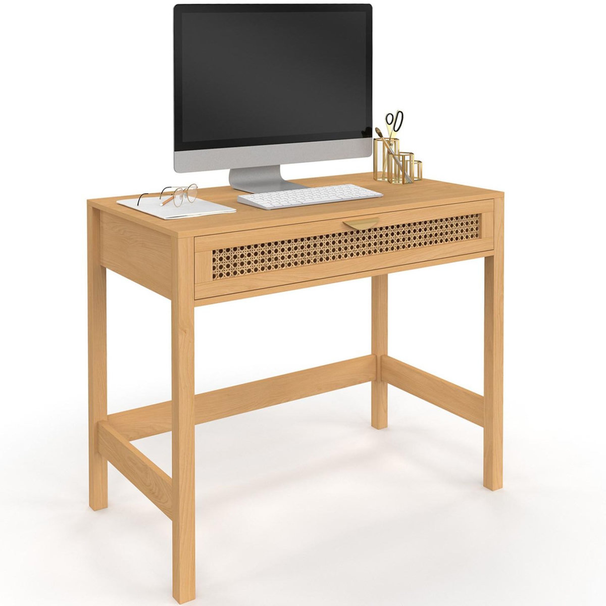 ID MARKET Bureau 1 tiroir EDHEN bois et cannage