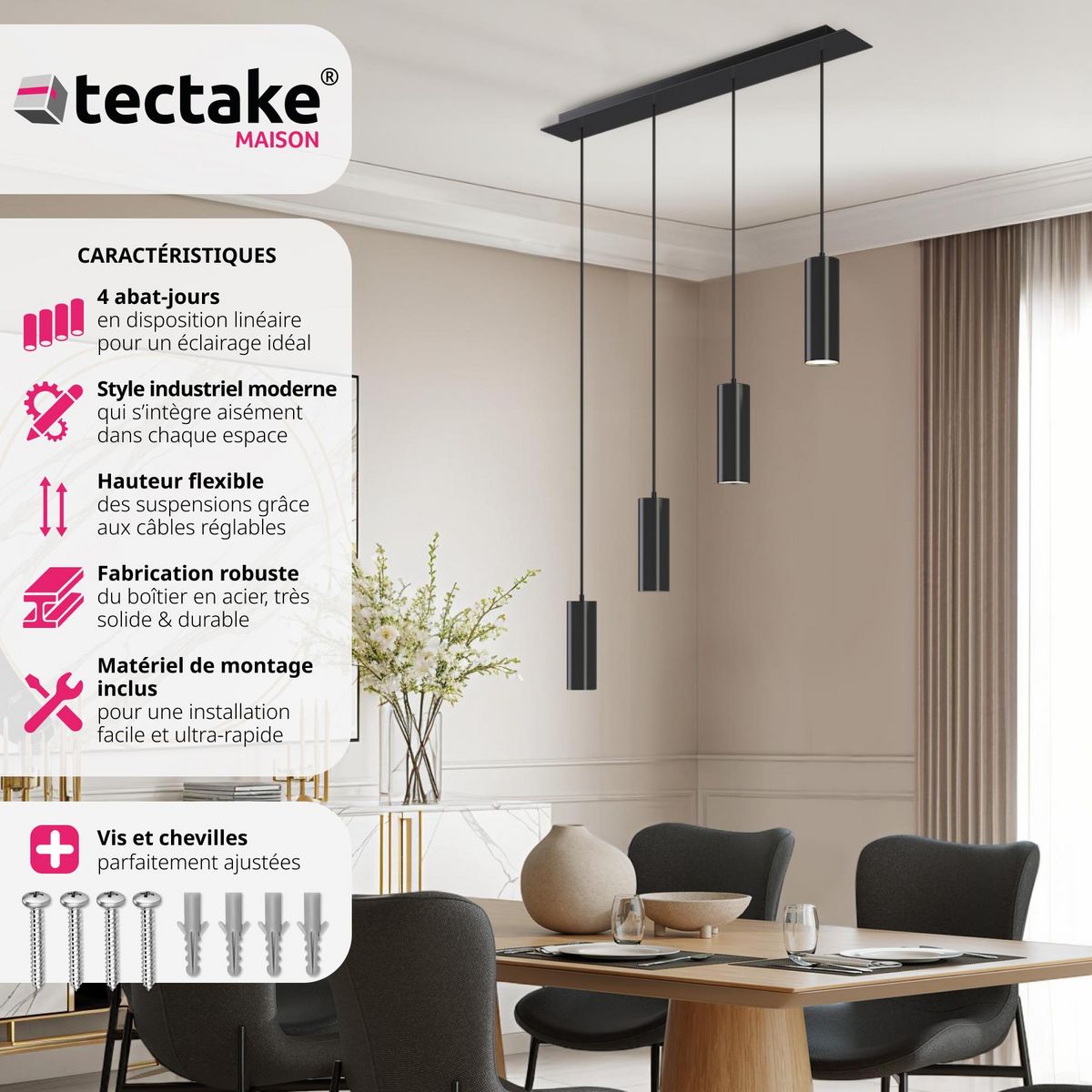 tectake Plafonnier 4 ampoules 4x GU10, 40 W noir