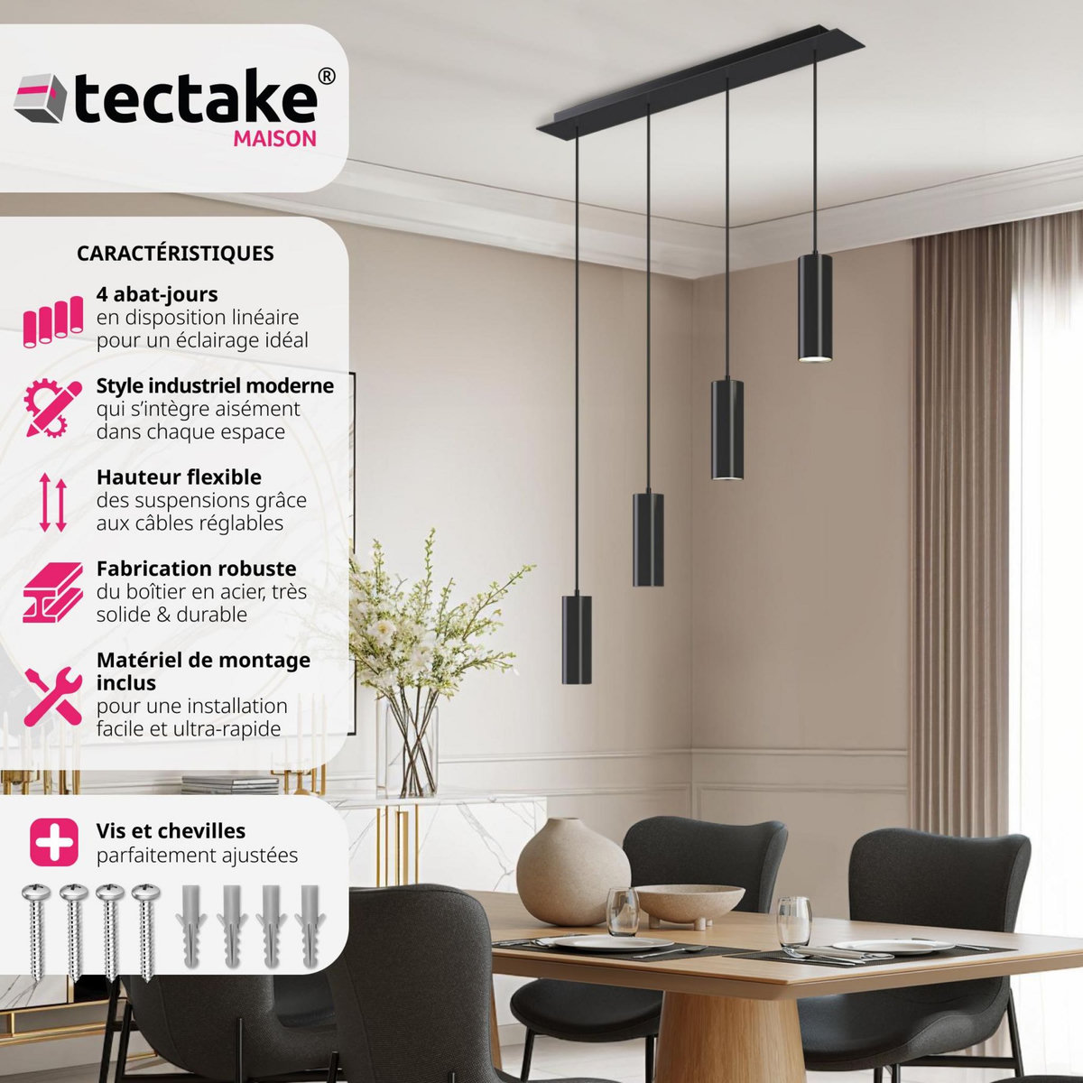 tectake Plafonnier 4 ampoules 4x GU10, 40 W noir