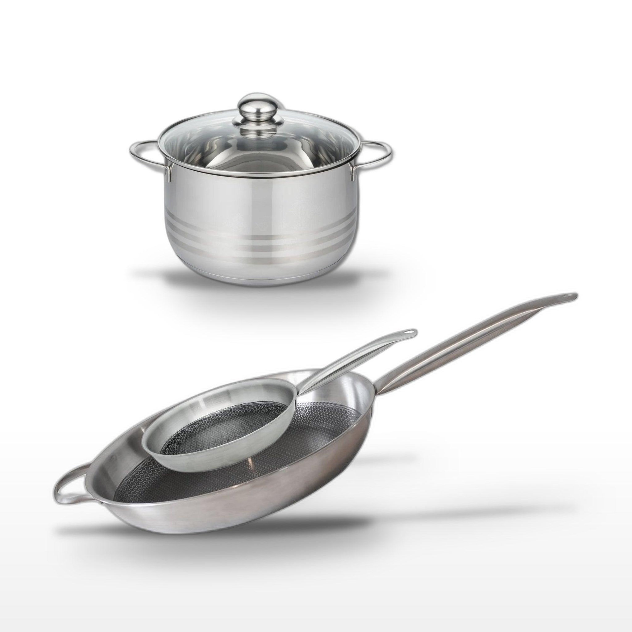 ELO Batterie de cuisine avec 2 poêles de cuisson 24/32 cm et 1 faitout 20 cm en inox sans pfas elo collection relief solution brillant