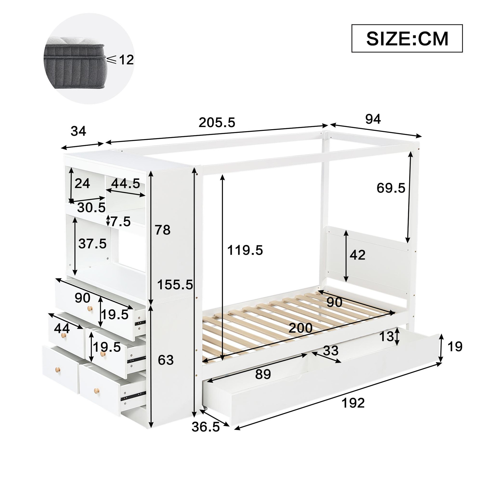 Voir la diapositive 3 : MERAX Lit avec rangement 90x200cm bois coloris blanc