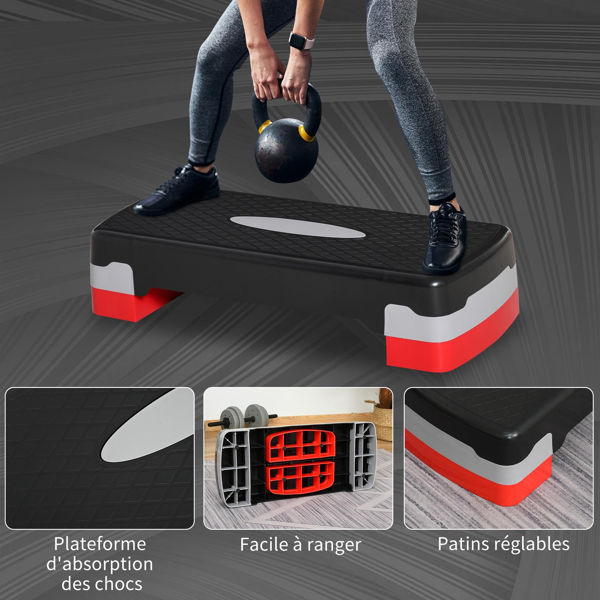 Voir la diapositive 5 : HOMCOM Stepper fitness aerobic hauteur reglable surface antiderapante dim. 68l x 29l x 10-15h cm plastique noir gris rouge