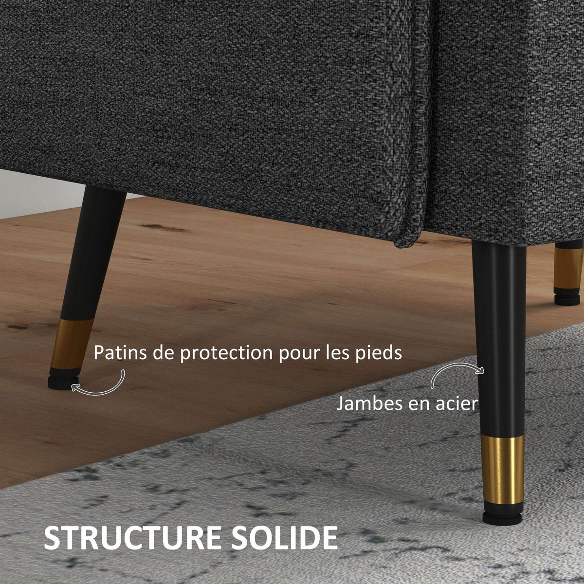 HOMCOM Fauteuil style art-déco dossier effet capitonné piètement incliné effilé métal noir extrémités dorées tissu anthracite