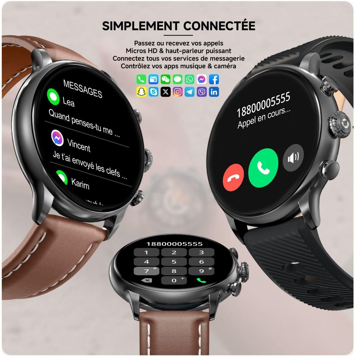 Echo Montre connectée Rainbow Voyager Noir Silicone+MarronCuir