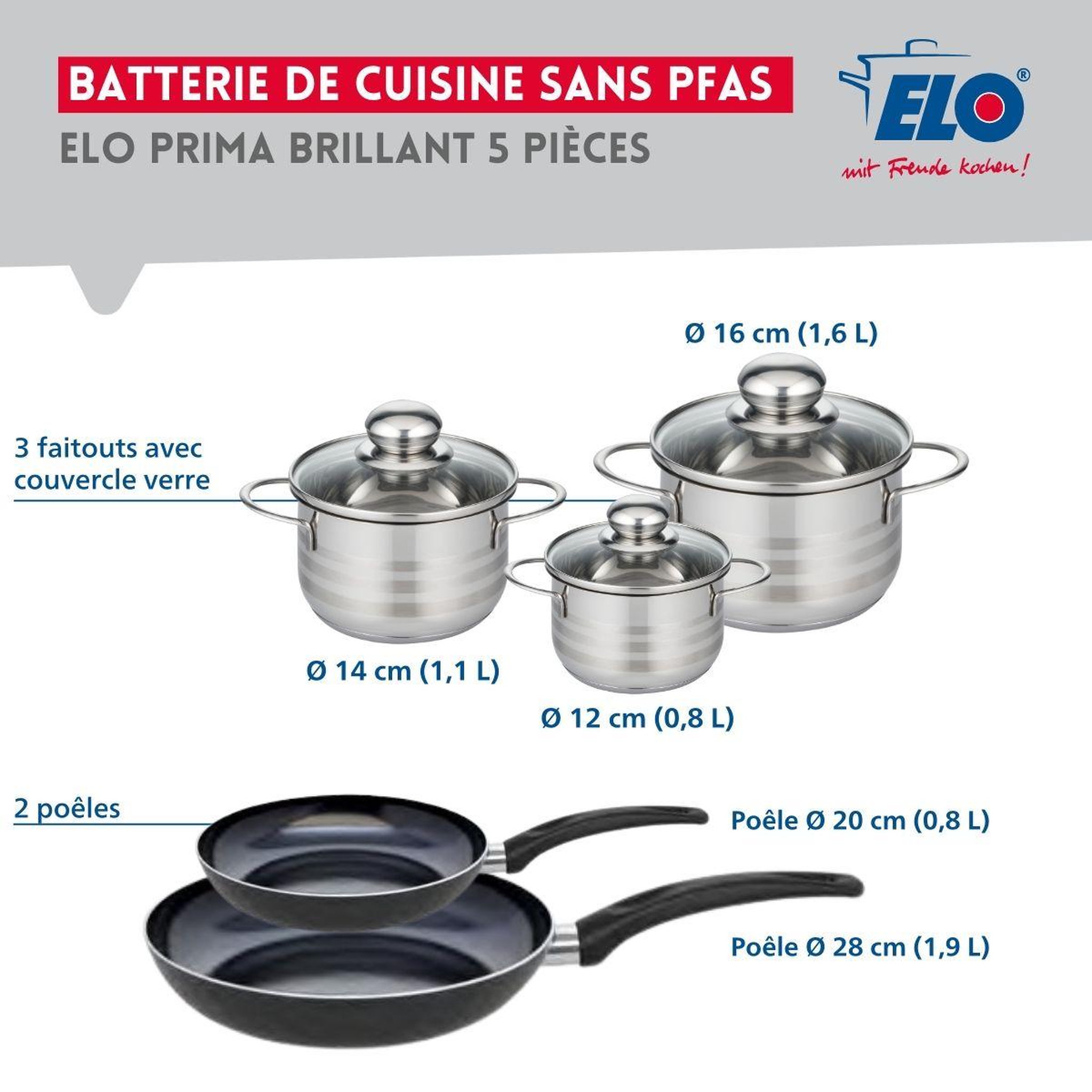 Voir la diapositive 2 : ELO Ensemble de 2 poêles de cuisson 20 et 28 cm et 3 faitouts 12, 14 et 16 cm elo prima brillant