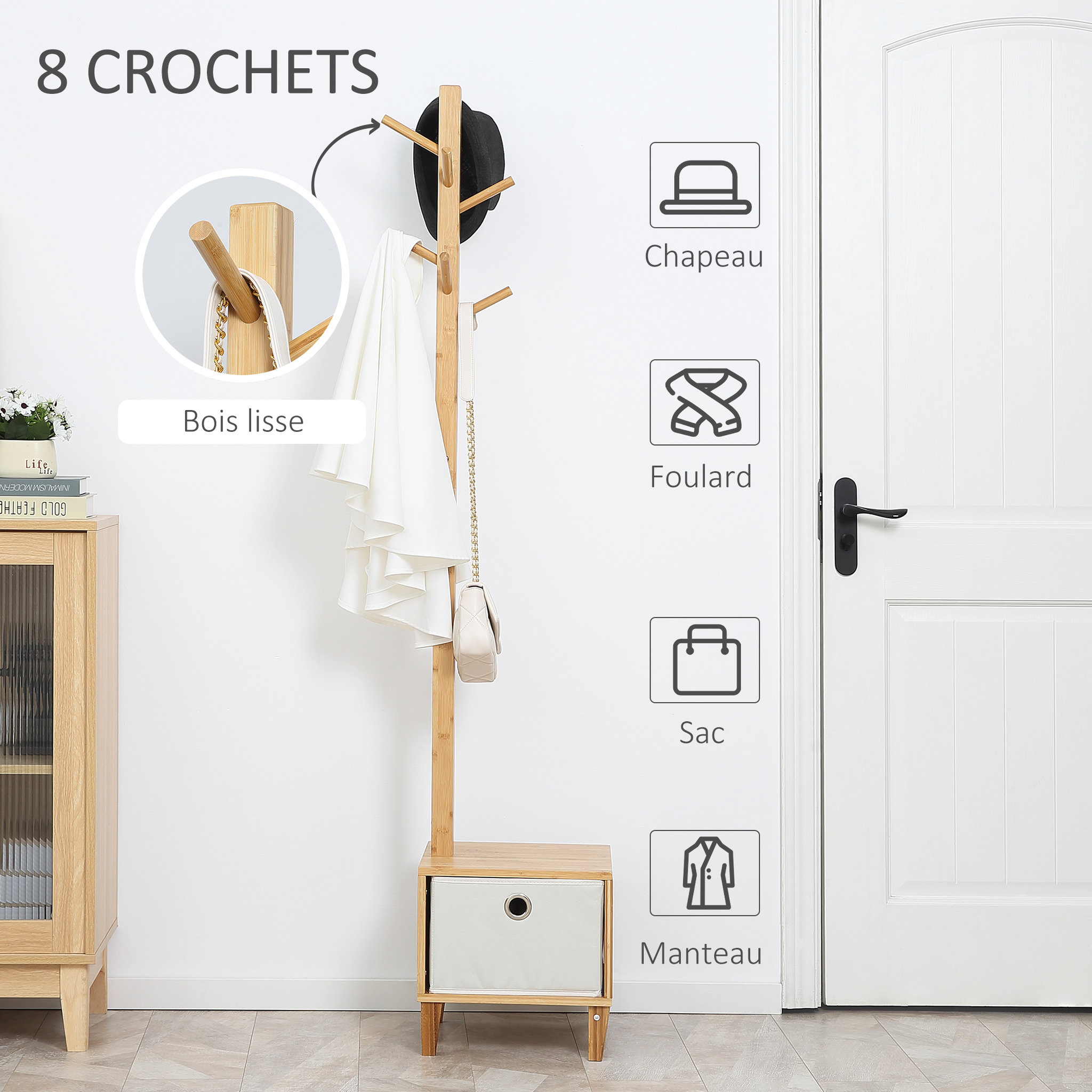 Voir la diapositive 5 : HOMCOM HOMCOM Meuble rangement avec tiroir porte-manteau banc 3 en 1 style scandinave polyester gris clair bois massif bambou