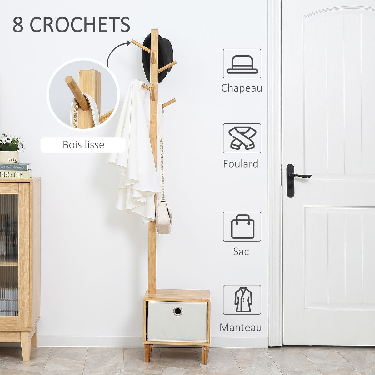 HOMCOM HOMCOM Meuble rangement avec tiroir porte-manteau banc 3 en 1 style scandinave polyester gris clair bois massif bambou