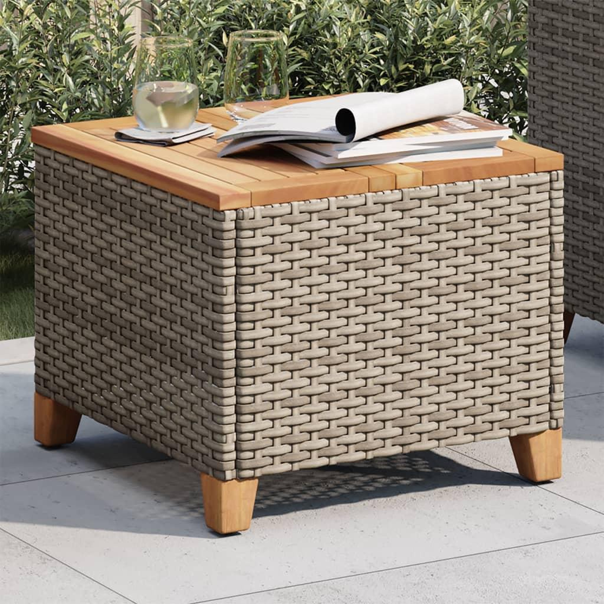 Voir la diapositive 3 : VIDAXL Table de jardin gris 45x45x37 cm resine tressee et bois acacia