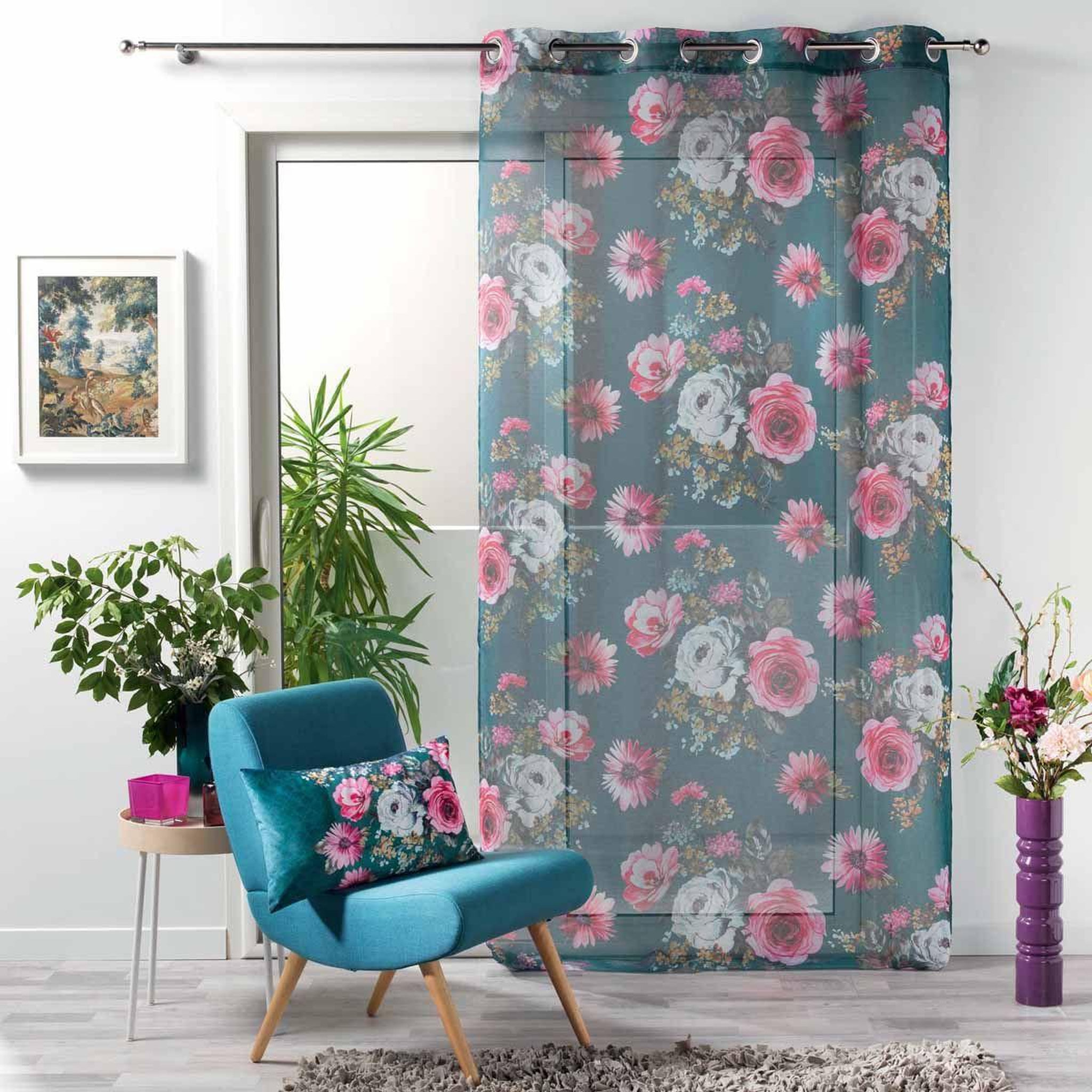 Voir la diapositive 4 : Douceur d'Intérieur Rideau voilage à œillets  flower life  140x240cm pétrole