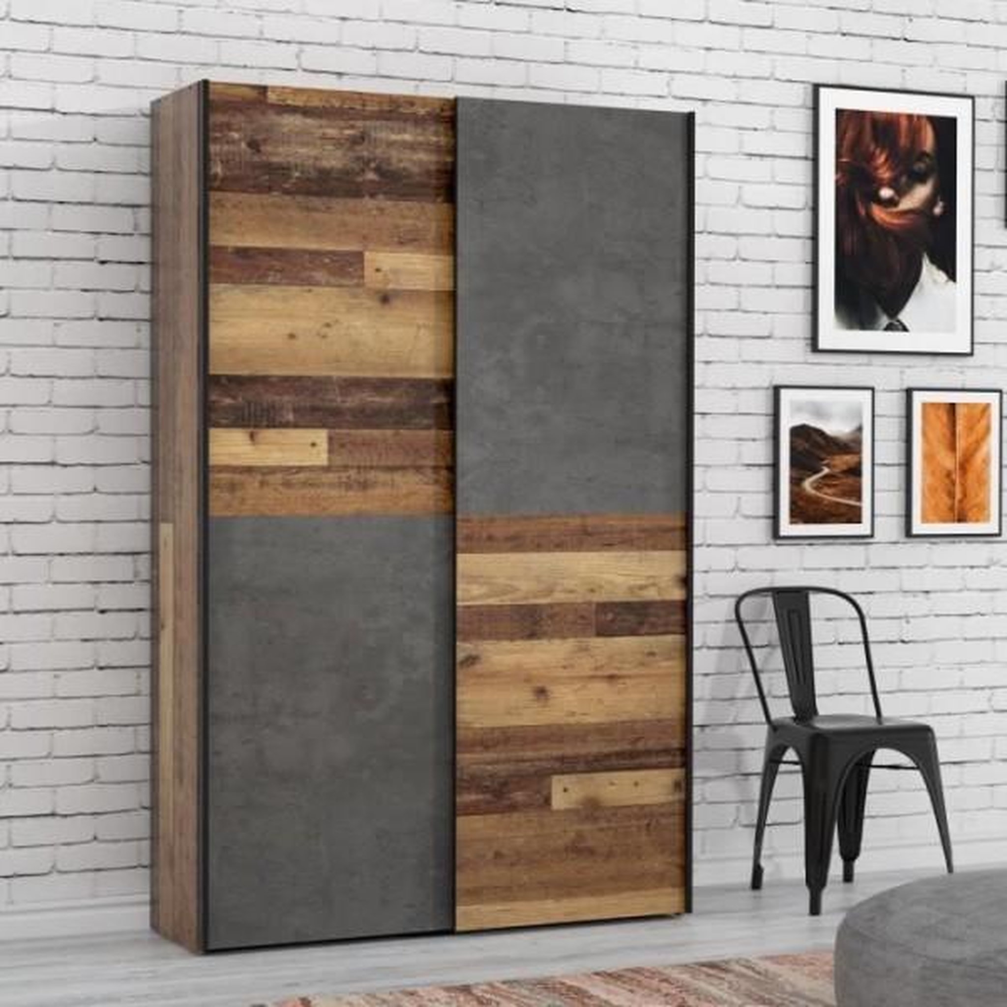 Voir la diapositive 3 : MARKET24 Armoire 2 portes coulissantes multifonction - Panneaux de particules - Bois et béton gris - L 120 x P 41,6 x H 190,5 cm - OZZUL