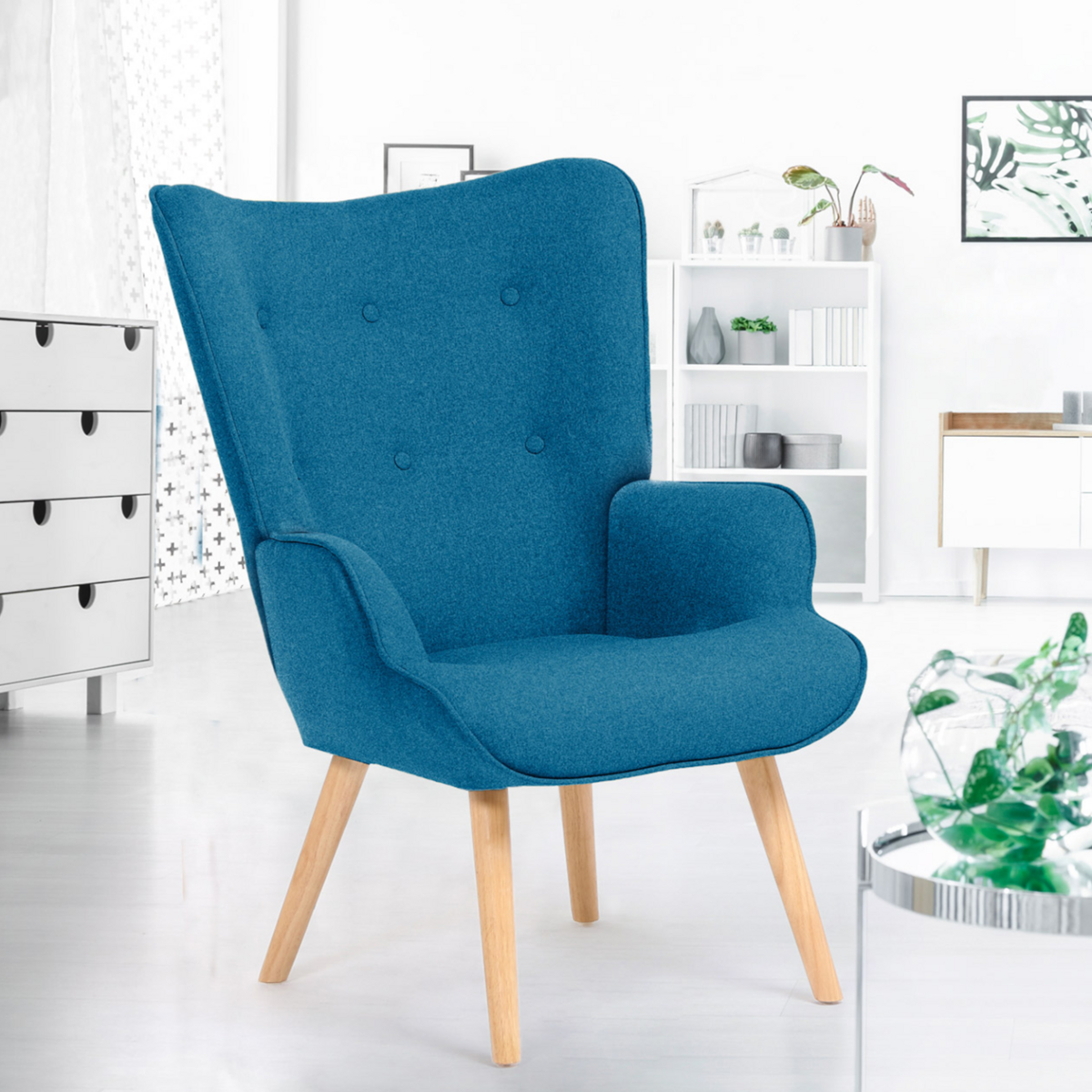 ID MARKET Fauteuil scandinave IVAR en tissu bleu canard
