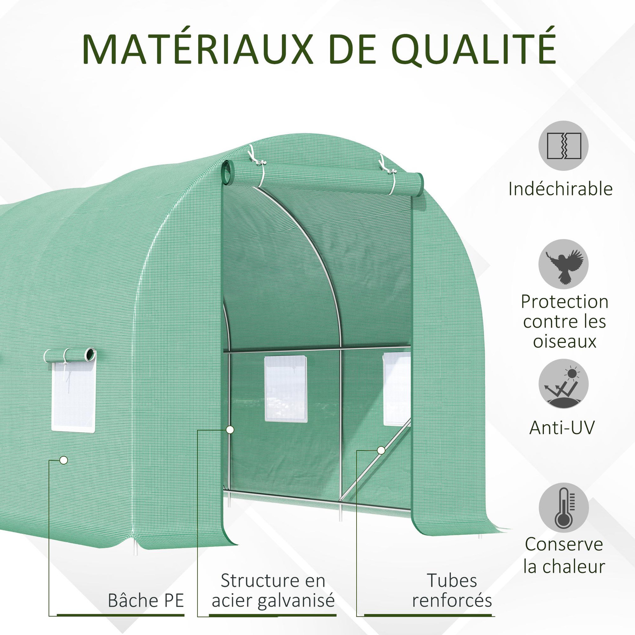 Voir la diapositive 4 : OUTSUNNY Serre de jardin tunnel 4,5l x 2l x 2h m châssis tubulaire acier galvanisé renforcé 1,8 cm 6 fenêtres 1 porte vert