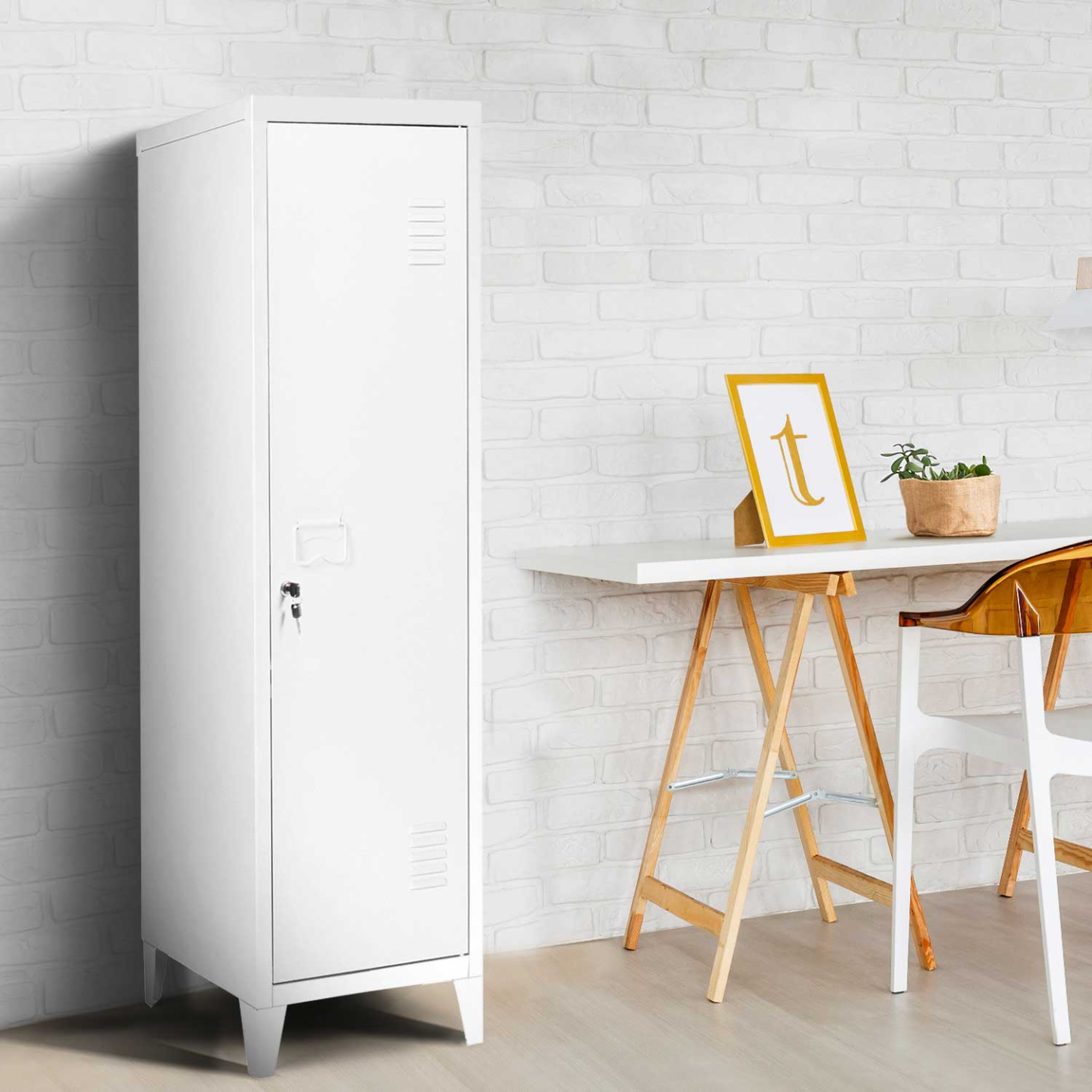 Voir la diapositive 2 : ID MARKET Armoire vestiaire ester 1 porte métal blanc design industriel