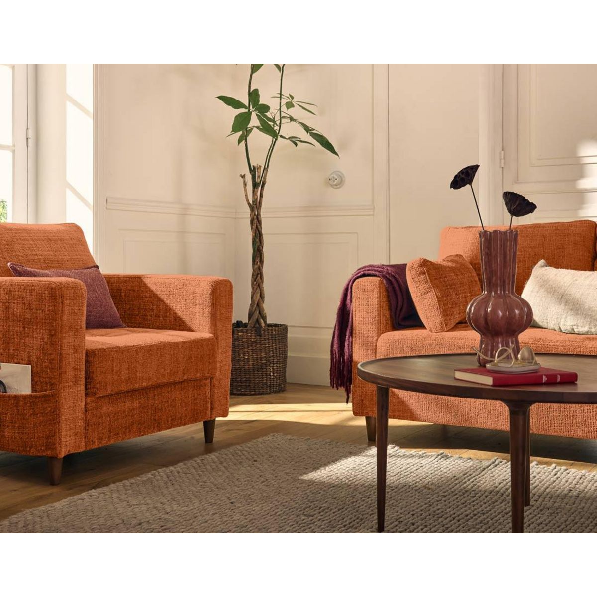 LISA DESIGN Anna - fauteuil avec poche en velours texturé - pieds en bois