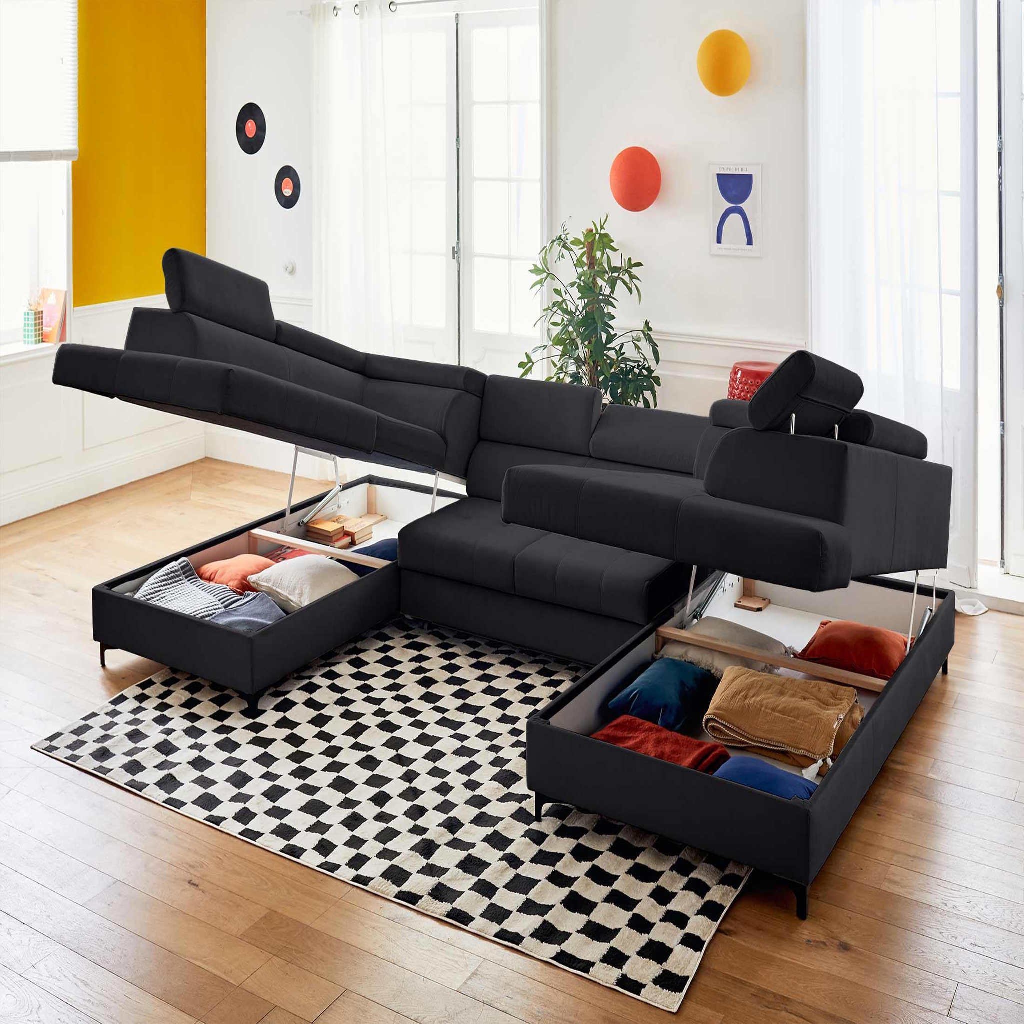 Voir la diapositive 2 : LISA DESIGN Merida - canapé panoramique en u - 7 places - convertible avec coffres et têtières réglables - en velours