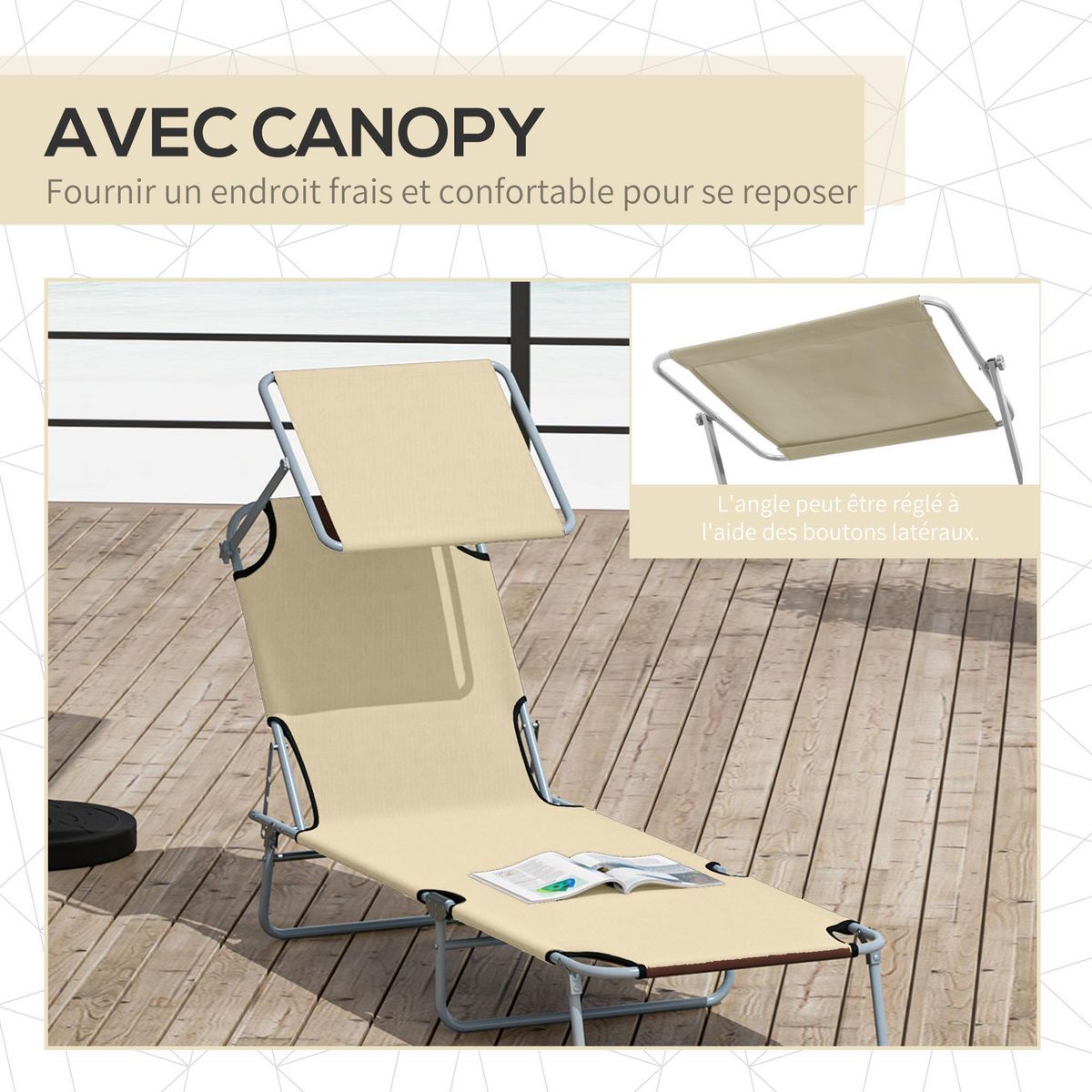 OUTSUNNY Transat bain de soleil pliable grand confort dossier et pare-soleil réglable multi-positions beige