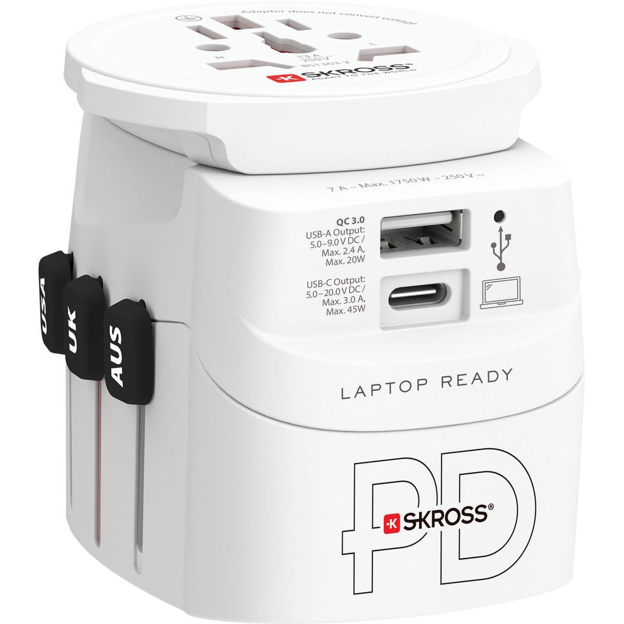 Voir la diapositive 2 : Skross Adaptateur de voyage monde vers monde + 1 usb a + 1 usb c
