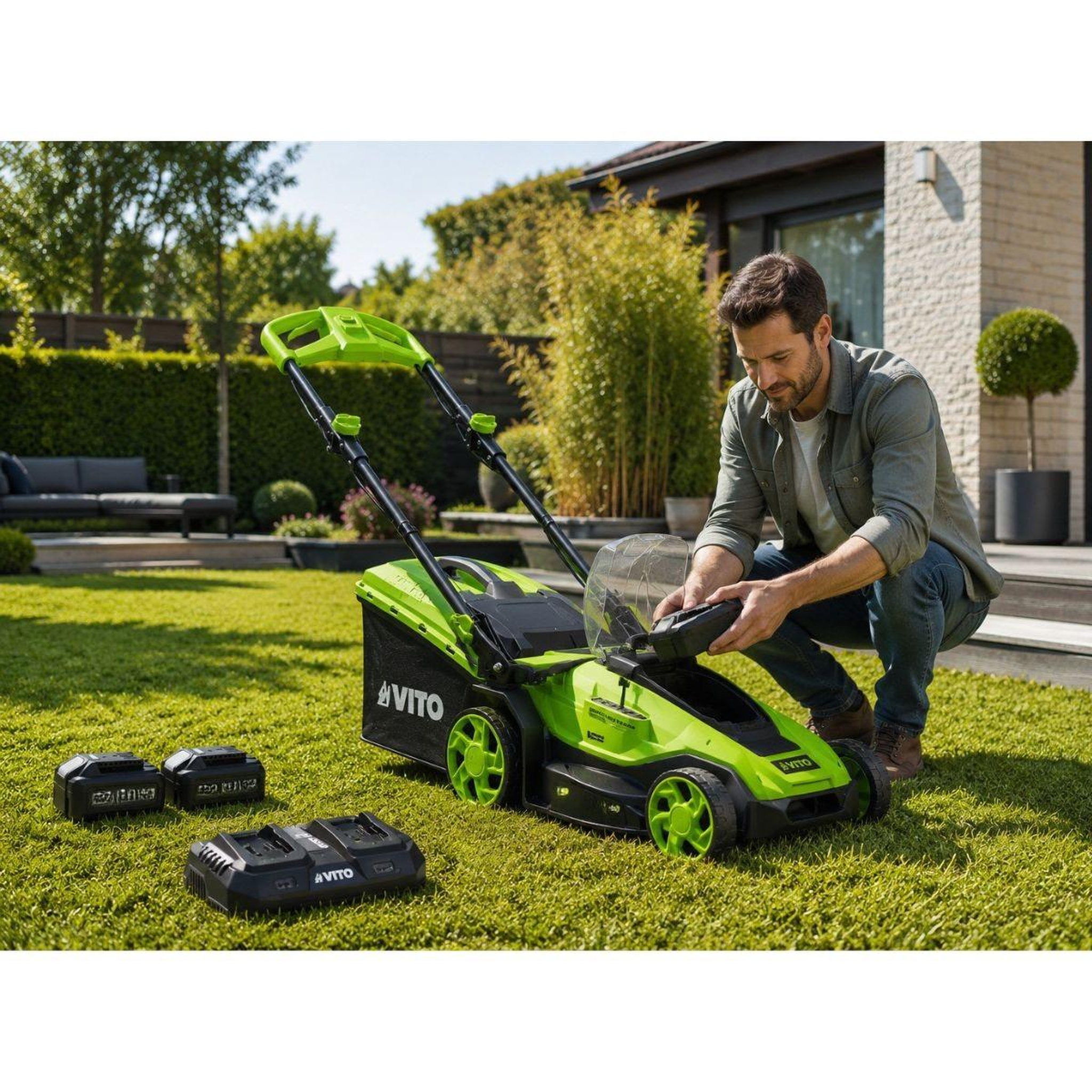 Voir la diapositive 3 : VITO Tondeuse à gazon 40v - 2 batteries lithium 3.0ah chargeur double moteur brushless 600m2 vito