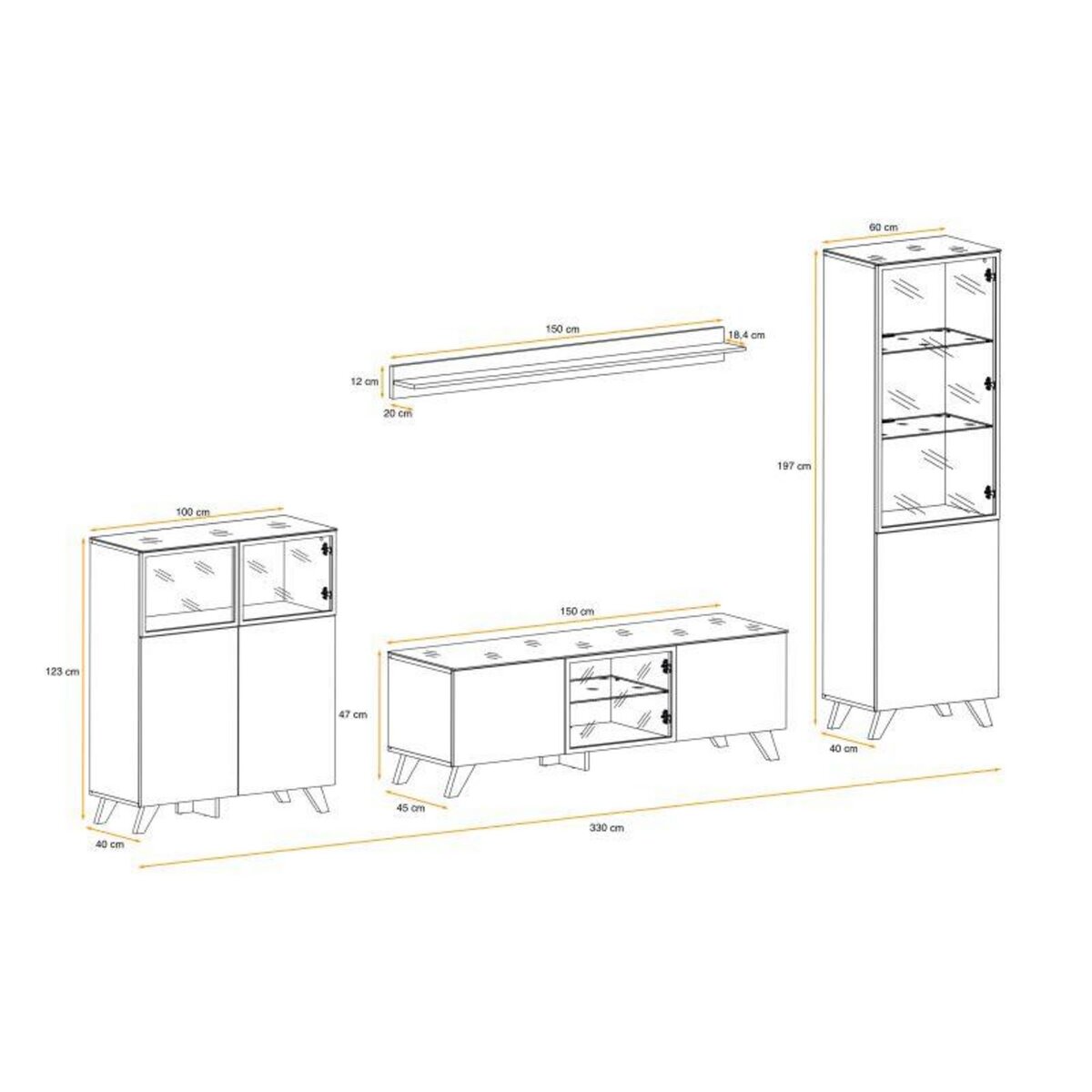 Paris Prix Ensemble Meuble TV & Bibliothèque  Thin  330cm Noir & Naturel