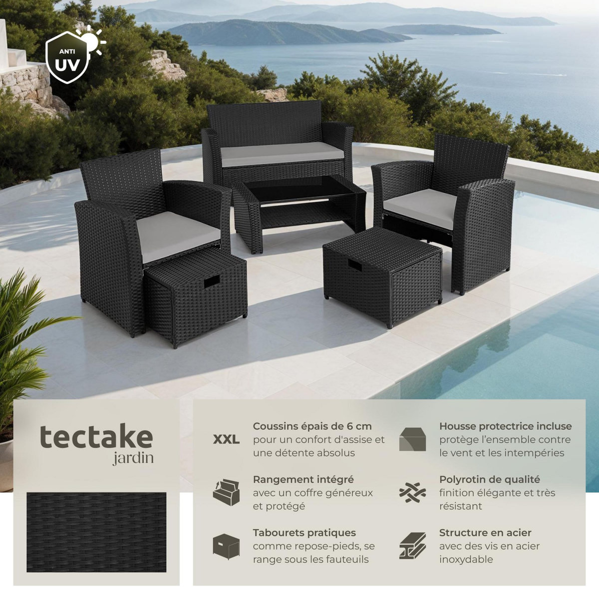 tectake Salon de jardin pour 4 à 6 personnes noir/gris