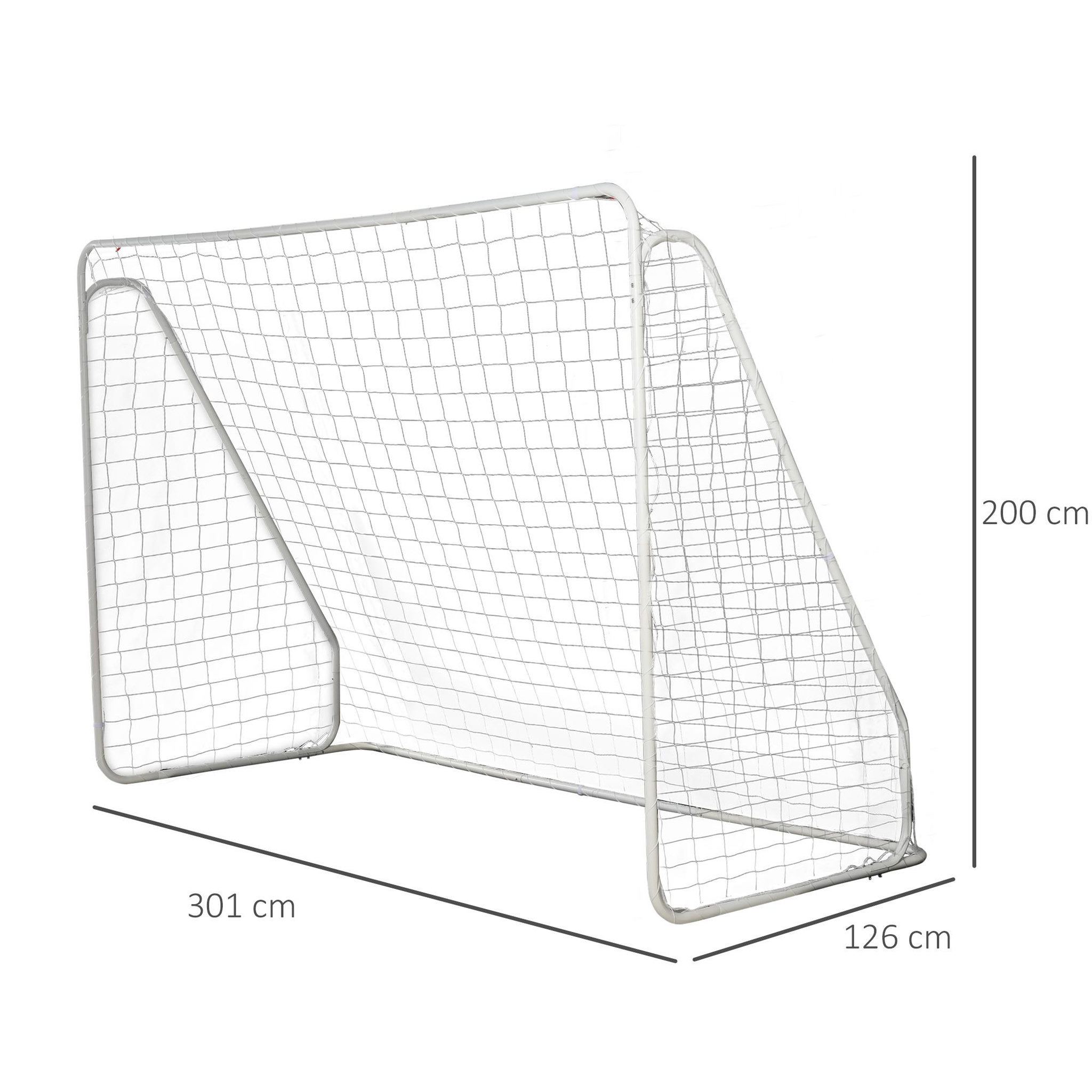 Voir la diapositive 3 : HOMCOM But de football - cage de foot - but futsal dim. 301l x 126l x 200h cm - châssis métal époxy filet pe - piquets inclus - blanc