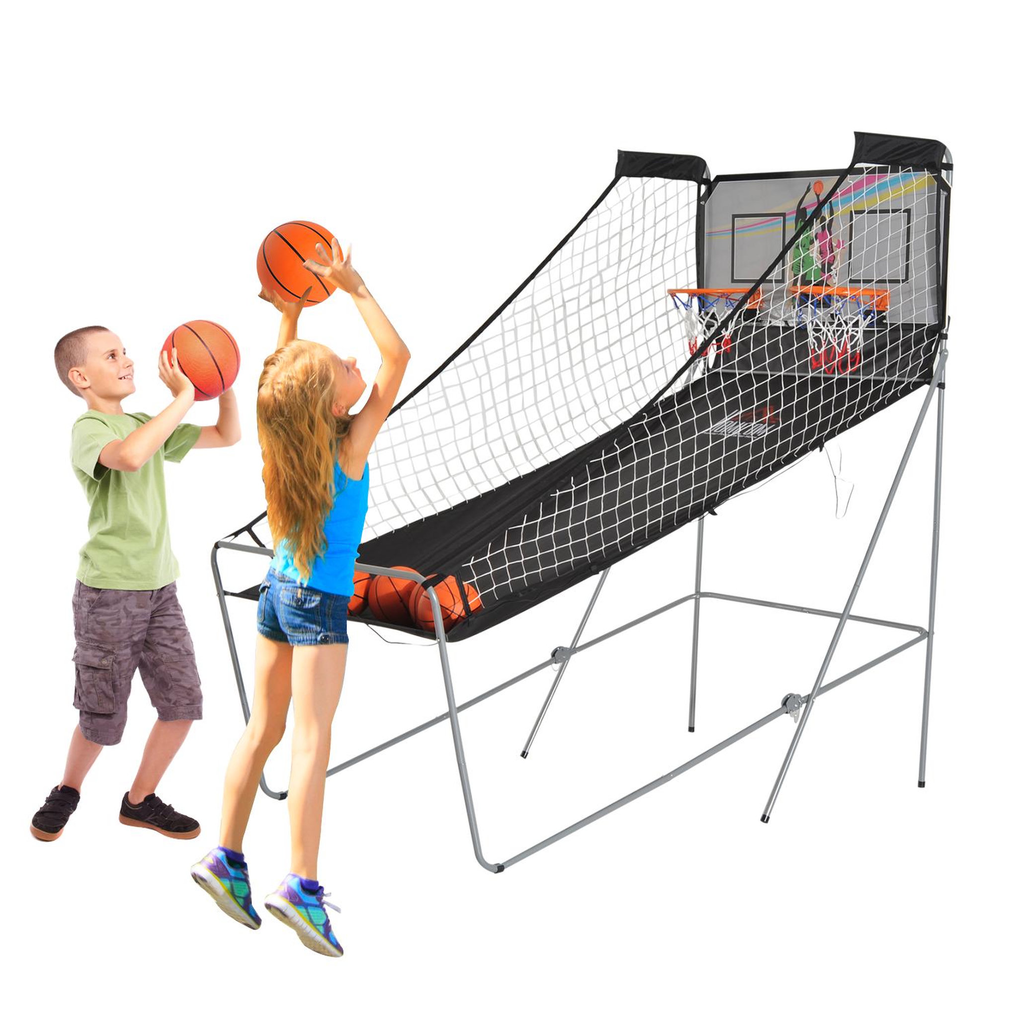 Voir la diapositive 2 : HOMCOM Panier de basket pliable jeu de basketball arcade double shootout double panier compteur électronique 4 ballons et pompe acier noir et blanc