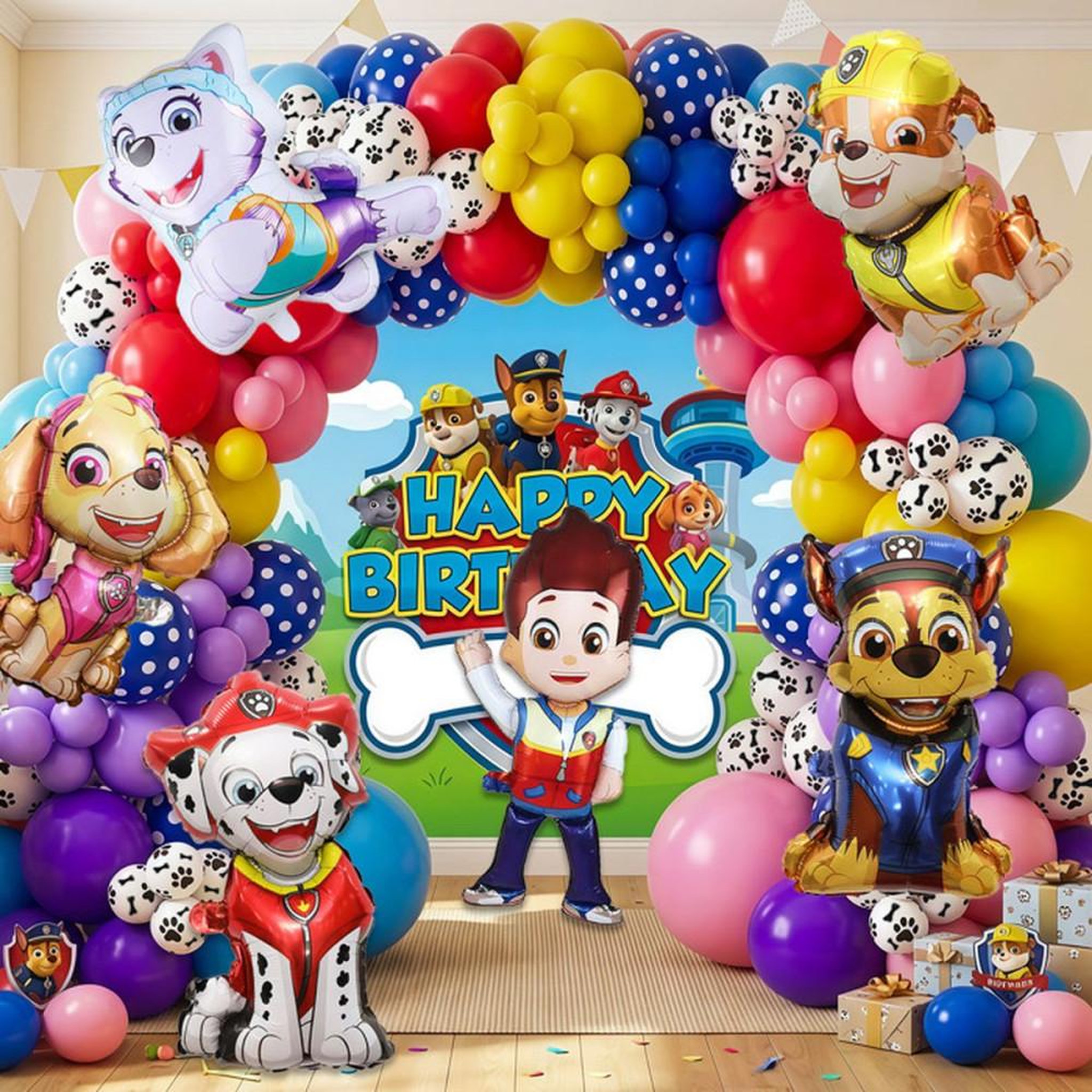 Voir la diapositive 5 : Kit décoration ballons anniversaire Paw Patrol 92 pièces avec ballons à motifs et ballons unis