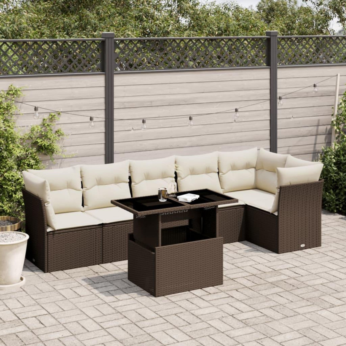 VIDAXL Salon de jardin avec coussins 7 pcs marron resine tressee